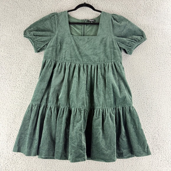 Madewell Dresses & Skirts - Madewell‎ Corduroy Babydoll Dress Womens 8 Green Puff Sleeve Tiered Mini Boho